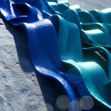 Close-up of textured blue and teal ribbons arranged in waves on a stone surface, catching the light with sparkling highlights and creating a dynamic, glossy effect.の素材