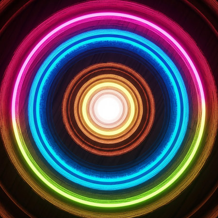 A perspective view into a tunnel of colorful neon concentric circles, glowing brightly and leading to a central white light source.の素材