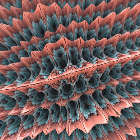 A highly detailed, three-dimensional fractal structure with sharp, repeating spikes in coral and teal colors, creating a complex and organic pattern.の素材