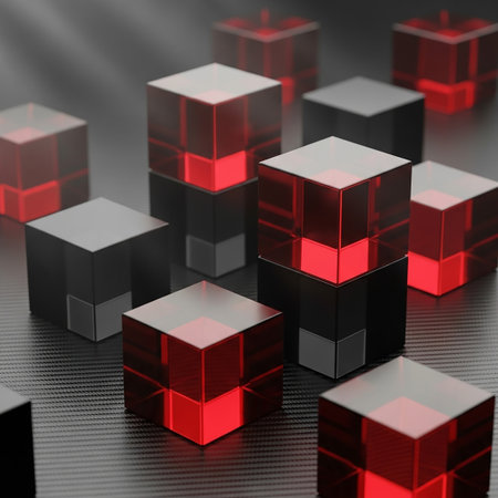 An array of translucent cubes, some with glowing red interiors and others solid black, are arranged on a dark, textured surface, creating a modern aesthetic.の素材