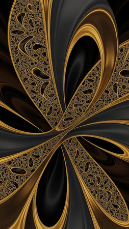 An abstract featuring smooth, flowing black and gold curves interwoven with intricate, detailed patterns resembling paisley shapes.の素材