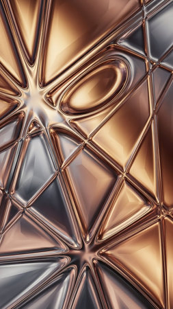 Sharp showing abstract geometric background with a metallic sheen featuring sharp angular shapes and smooth rounded in bronze and silver tones keywords: abstract, geometric, metallic, bronze,...の素材