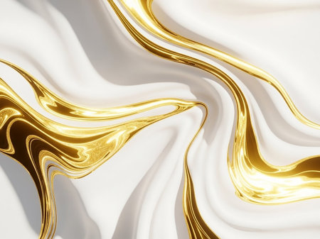 Surface showing abstract marbled texture with flowing liquid gold veins on a smooth white background with glossy highlights and deep shadows keywords: abstract, marble, texture, gold, liquid,...の素材