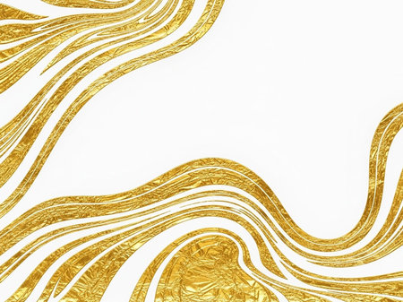 Abstract golden waves with a crumpled metallic texture flow across a clean white background, suggesting organic movement and shine.の素材