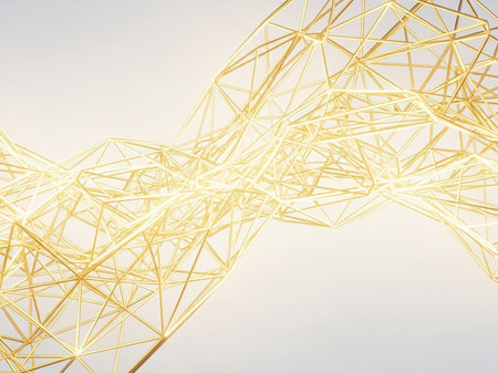 A complex golden geometric wireframe structure with interconnected lines glows brightly against a soft, luminous background, suggesting technology and connection.の素材