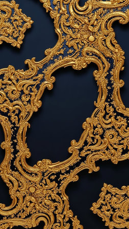 Ornate golden baroque scrollwork and filigree details are intricately arranged against a deep navy blue textured background, creating a and vintage frame effect.の素材