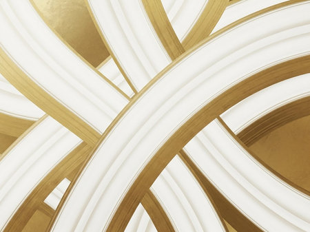 Composition showing overlapping curved bands of white and gold with layered depth and subtle texture forming an intricate and abstract geometric pattern keywords: abstract, background, gold,...の素材