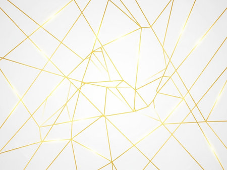 Minimalist showing geometric gold lines forming a network of interconnected triangles and polygons against a clean white background with subtle light reflections keywords: abstract,...の素材