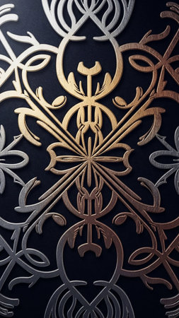Symmetrical showing intricate metallic filigree pattern in gold and silver against a dark navy blue background showcasing detailed ornamental arabesque and damask motifs keywords: abstract,...の素材