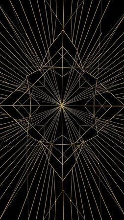 Intricate showing intricate golden geometric lines radiating from a central starburst pattern against a deep black background creating a symmetrical abstract keywords: abstract, geometric,...の素材