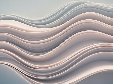 Smooth undulating waves of soft pastel colored layers, resembling fabric or paper, create a serene abstract landscape with subtle light and shadow.の素材