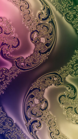 Abstract swirling fractal forms in vibrant gradients of purple pink yellow and green are accented with ornate gold and deep blue details creating a dynamic visual.の素材