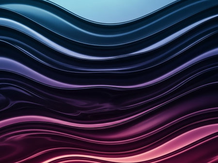 Shades showing abstract flowing waves of iridescent metallic liquid in shades of deep blue purple and pink with subtle light reflections and smooth curves creating a dynamic and fluid...の素材