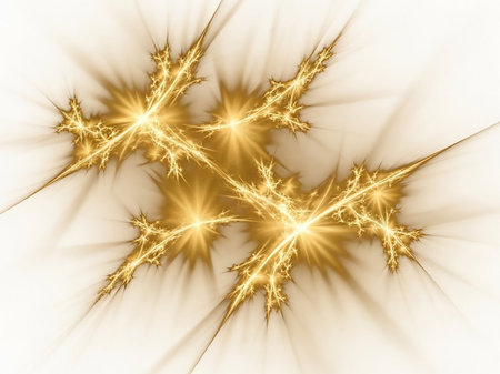 Cosmic showing golden fractal starbursts with glowing energy tendrils emanating outwards on a white background creating a sense of cosmic explosion or radiant light phenomenon.の素材