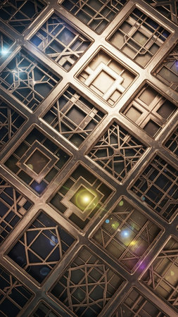 Repeating showing geometric metal grid structure with intricate internal lines and subtle lens flare effects creating a futuristic architectural pattern keywords: geometric, metal, grid,...の素材