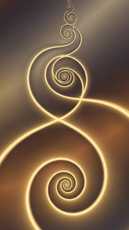 Glows showing glowing golden spiral fractal pattern with soft light diffusion against a dark gradient background creating a sense of infinity and motion keywords: glowing, golden, spiral,...の素材