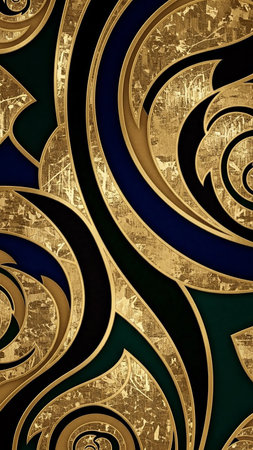 Abstract swirling shapes with a textured gold metallic finish are accented by dark blue and deep green, creating a rich and intricate abstractの素材