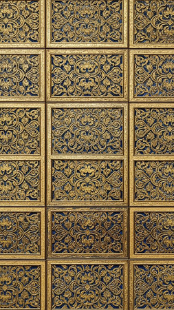 Category: showing detailed mosaic of golden ornate carved panels with intricate floral patterns set against a deep blue textured background in a grid layout keywords: mosaic, golden, gold,...の素材