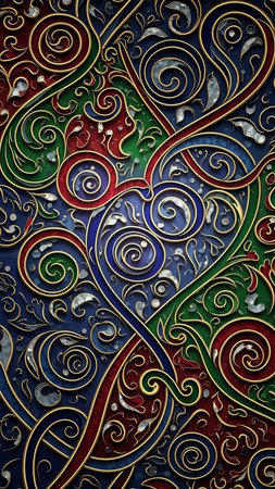 Grey showing ornate celtic knot inspired pattern with swirling red blue and green metallic ribbons and textured background keywords: celtic, knot, pattern, ornate, swirling, ribbons, red,...の素材
