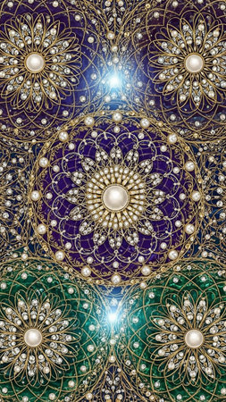 Intricate ornate mandala patterns adorned with pearls and diamonds are displayed in sections of purple and green, with a bright glowing light at the center of each floral motif.の素材