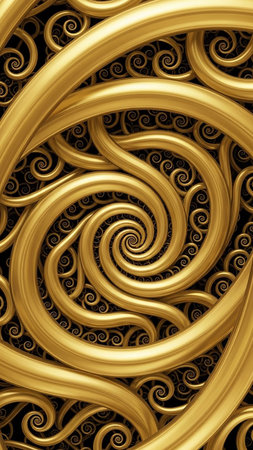 An abstract 3D rendering showcases interwoven golden tubes forming intricate spiral patterns against a dark background, creating a sense of depth and complexity.の素材