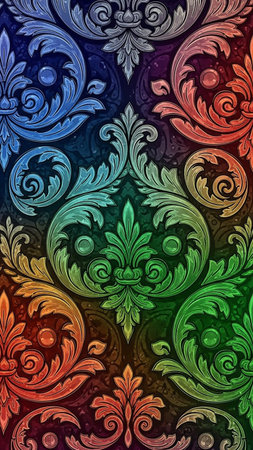 A vibrant rainbow gradient floral damask pattern embossed ornate swirls and leaves in deep jewel tones against a dark textured background.の素材
