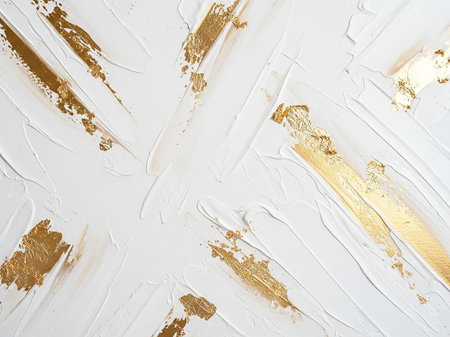 Interspersed showing textured white abstract background with bold gold leaf accents and thick impasto paint strokes creating a and artistic surface effect keywords: abstract, background,...の素材