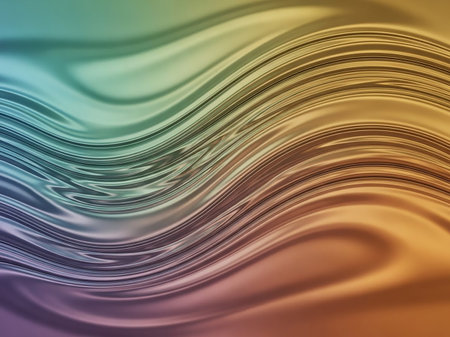 A dynamic abstract background texture created by swirling iridescent metallic liquid, displaying a spectrum of colors from green to orange and purple with a glossy, fluid appearance.の素材