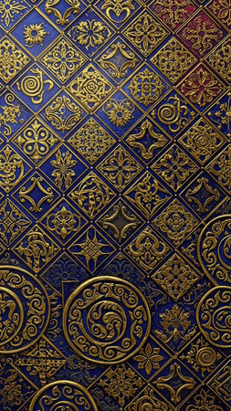 Embossed showing vibrant royal blue background with a dense mosaic of embossed gold ornamental tiles featuring diverse floral and geometric patterns keywords: vibrant, royal, blue,...の素材