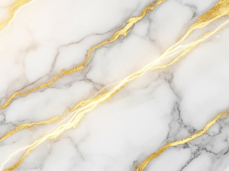 Golden showing white marble texture with intricate golden veins and subtle light effects creating a and natural stone surface pattern keywords: marble, white, gold, veins, texture,...の素材