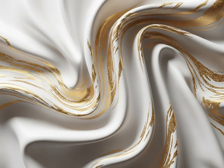 Soft showing white fabric texture with swirling golden streaks and metallic glitter accents creating a rich and abstract pattern keywords: abstract, texture, white, fabric, silk, satin, gold,...の素材