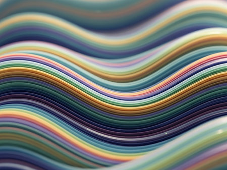 Close-up view of colorful wavy stripes in a vibrant rainbow palette with a shallow depth of field, creating a playful and textured abstract background with soft focus.の素材