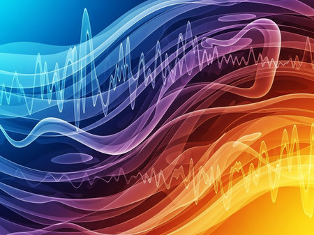 A vibrant abstract dynamic sound waves and flowing energy in a gradient of blue, purple, red, and orange, suggesting motion and digital data.の素材