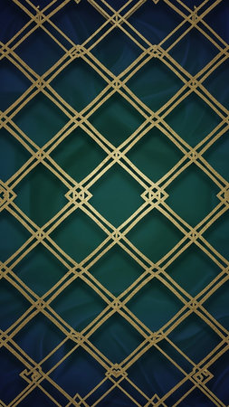 A golden geometric lattice pattern is superimposed over a background of draped fabric in deep teal and navy blue hues, creating a contrast.の素材