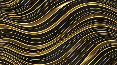 Stripes showing black and gold wavy stripes with reflective surfaces creating a dynamic and pattern keywords: black, gold, wavy, stripes, lines, pattern, background, texture, reflective,...の素材