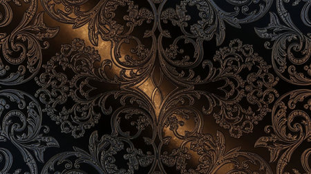Textured showing dark ornate damask pattern with intricate embossed floral motifs and subtle golden light reflections creating a rich textured background keywords: damask, ornate, dark,...の素材