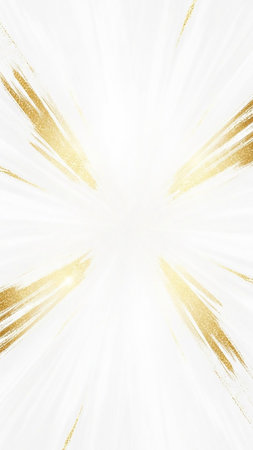 Golden brush strokes and glitter particles burst outwards from a bright white center creating a dynamic energetic abstract explosion effect with a radiant glow.の素材