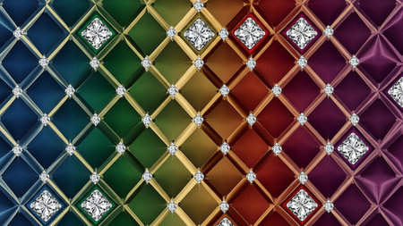 Glitter showing diamond-studded quilted pattern with a vibrant rainbow gradient transitioning from deep blue to purple and red keywords: diamond, gem, jewel, luxury, rich, opulent, expensive,...の素材