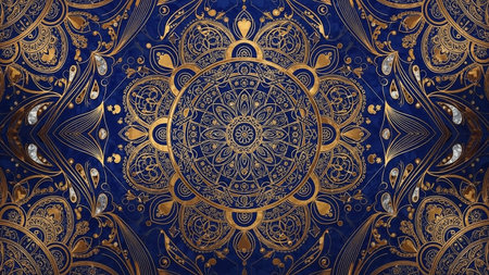 An intricate and symmetrical golden mandala pattern with detailed floral motifs and geometric shapes is set against a deep royal blue textured background.の素材