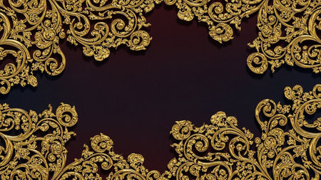 Antique showing ornate golden baroque scrollwork and filigree embellishments framing a dark maroon background with subtle shadow effects keywords: baroque, ornate, gold, scrollwork, filigree,...の素材