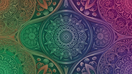 A colorful mandala pattern featuring intricate circular and a vibrant rainbow gradient transitioning through green, blue, purple, and pink hues.の素材