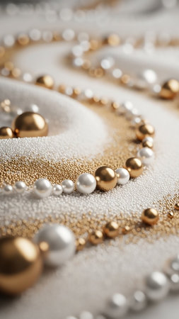 Pearl showing arrangement of gold and pearl beads scattered on a textured white surface creating a and delicate abstract composition. resolutionの素材