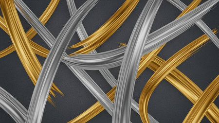 Bold, overlapping brushed gold and silver metal strokes create a dynamic, textured abstract pattern on a dark grey surface.の素材