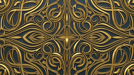 Lines showing intricate golden nouveau pattern with swirling intertwined lines on a dark blue textured background providing a and ornate visual aesthetic.の素材
