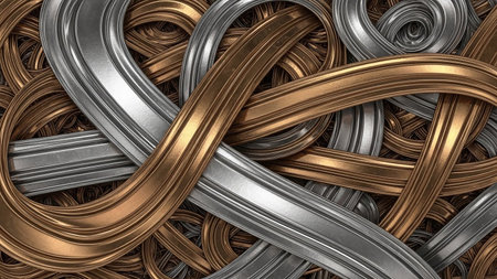 Pattern showing intertwined metallic ribbons in bronze and silver creating a complex and textured abstract background with a sense of depth and structure keywords:...の素材