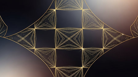 Pattern showing geometric diamond pattern with fine golden wireframe lines on a dark gradient background keywords: geometric, diamond, pattern, golden, wireframe,...の素材