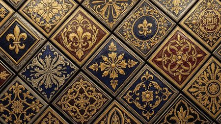 Pattern showing intricate golden and blue medieval decorative tiles with fleur-de-lis and floral motifs in a repeating pattern keywords: medieval, tiles,...の素材