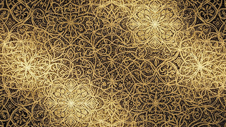 An opulent golden arabesque pattern with intricate filigree and starburst motifs repeats on a dark textured background, creating a feel.の素材