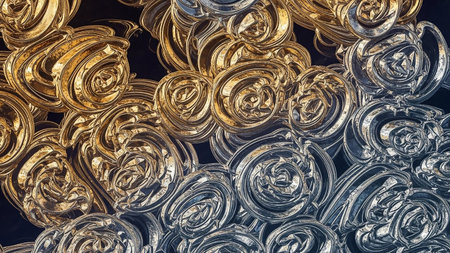 A close-up view of swirling metallic shapes in gold and silver hues, set against a dark background with a subtle gradient. The textures are detailed and reflective.の素材
