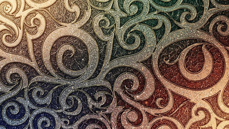 An intricate, swirling filigree pattern with a textured metallic finish in shades of teal, gold, and copper, featuring subtle speckles and a vintage feel.の素材